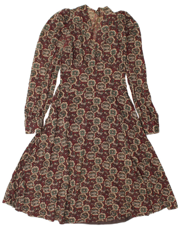 Vintage Damen Langarm-A-Linien-Kleid UK 12 Medium Burgundy Floral