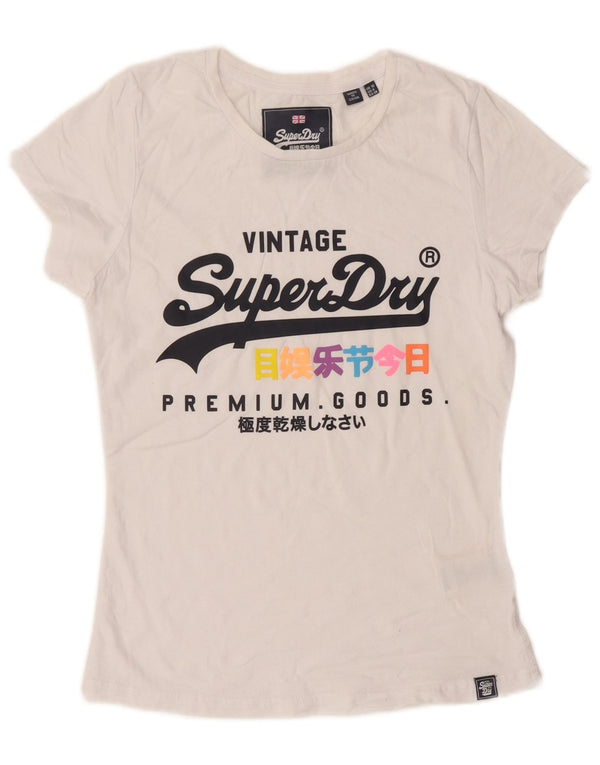 Superdry Damen-T-Shirt mit Grafik, UK 10, Größe S, weiße Baumwolle