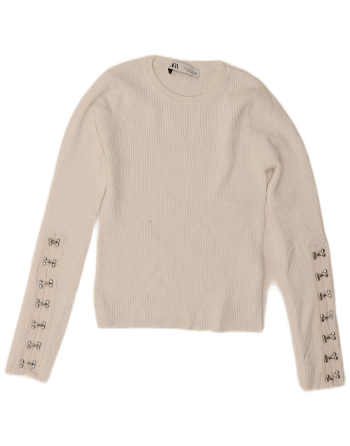 Zara Damen Crop Crew Neck Pullover Pullover UK 12 Mittelweiße Viskose