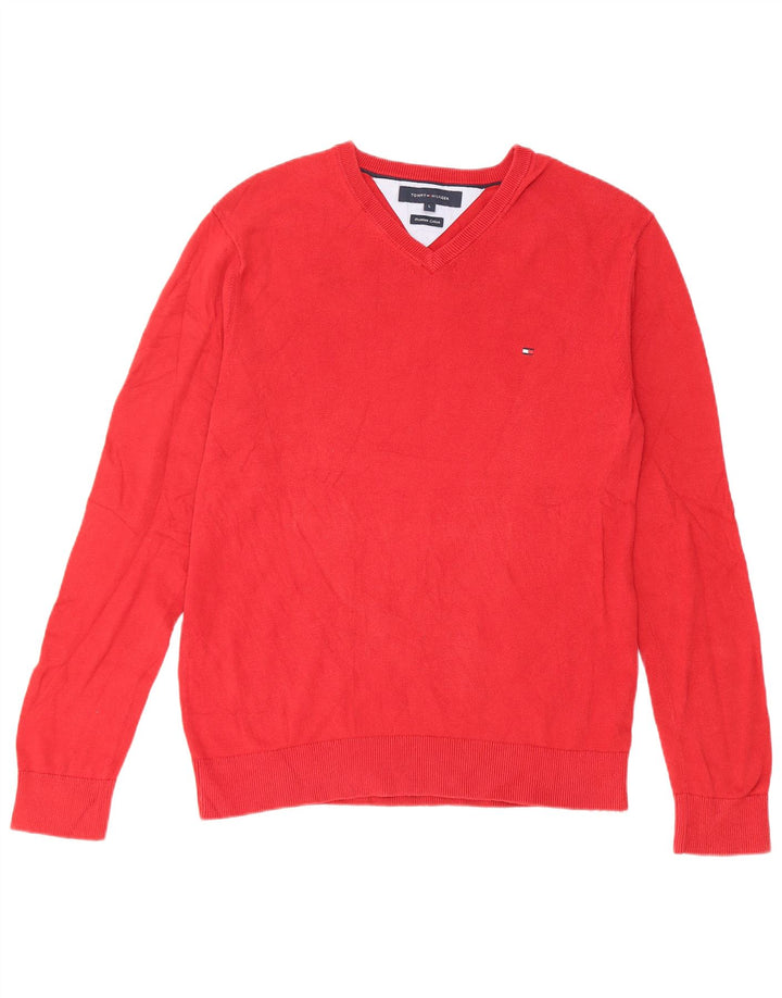 Tommy Hilfiger Herren-Pullover mit V-Ausschnitt, groß, rote Baumwolle