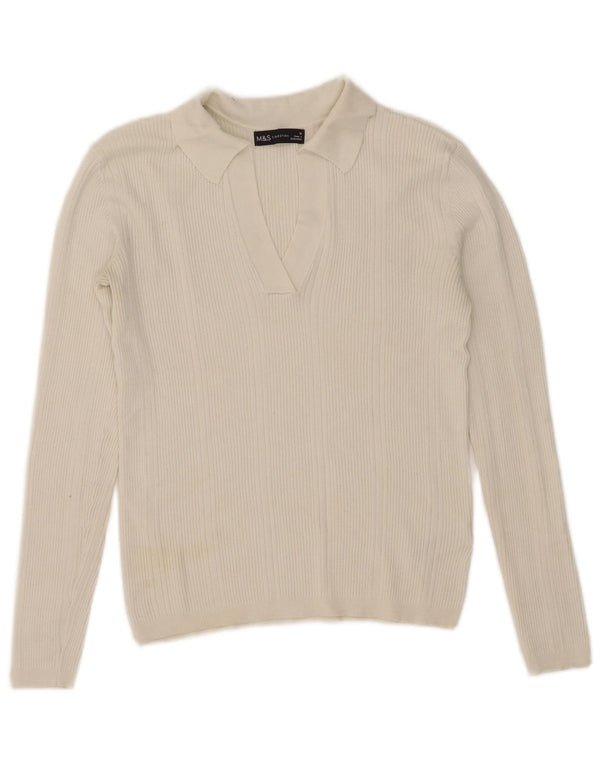 Marks & Spencer Damen Langarm-Poloshirt UK 10 Small Weiße Viskose