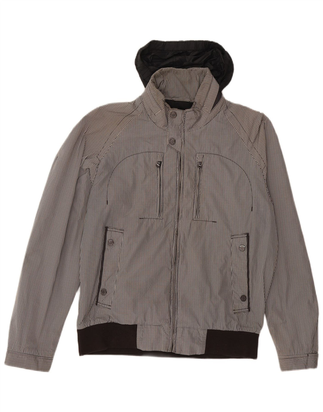 Hugo Boss Herren-Bomberjacke mit Kapuze, EU 50, großes schwarzes Gingham-Polyester