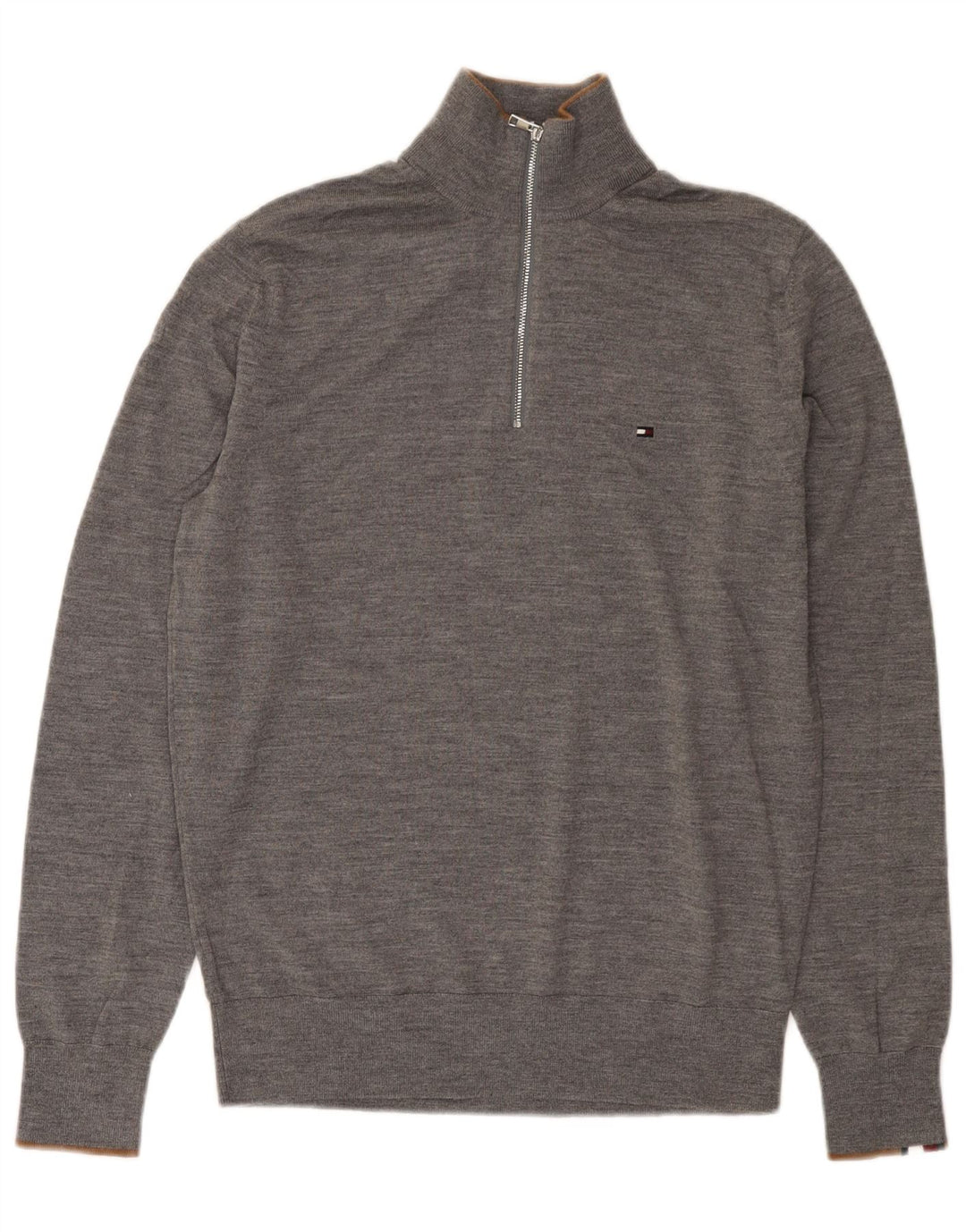 Tommy Hilfiger Herren-Pullover mit Reißverschluss am Hals, mittelgraue Merinowolle