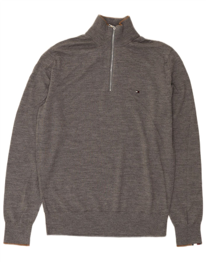 Tommy Hilfiger Herren-Pullover mit Reißverschluss am Hals, mittelgraue Merinowolle