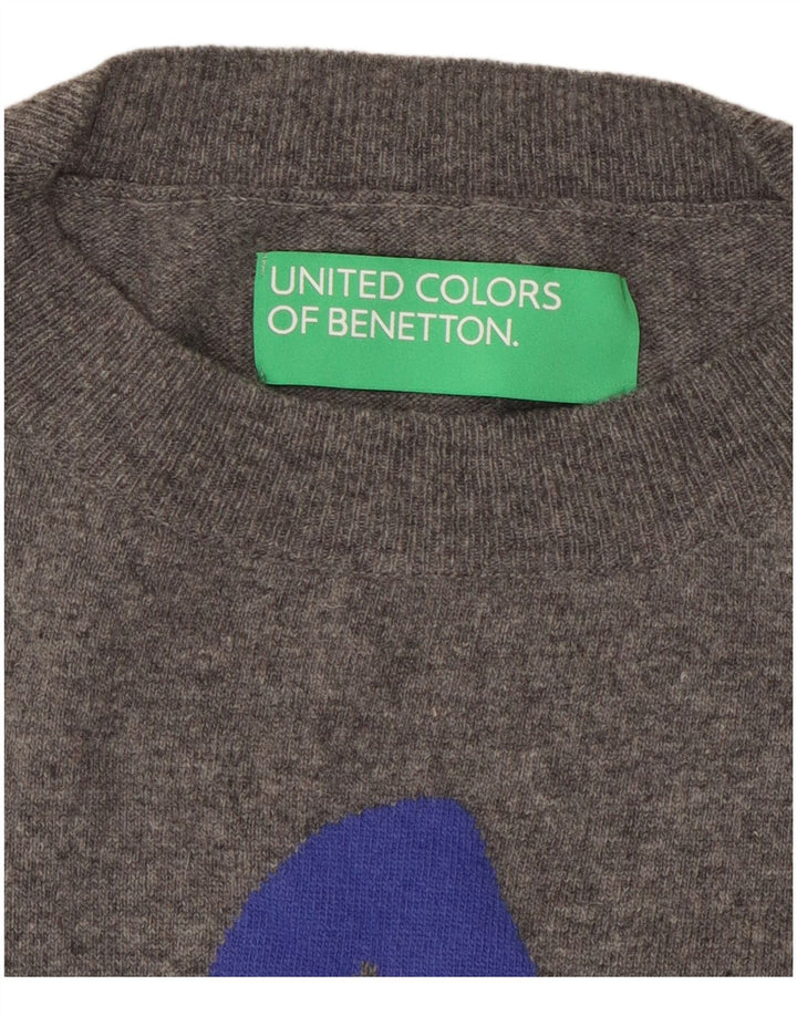BENETTON Herren-Pullover mit grafischem Rundhalsausschnitt, Mittelgrau mit Blumenmuster