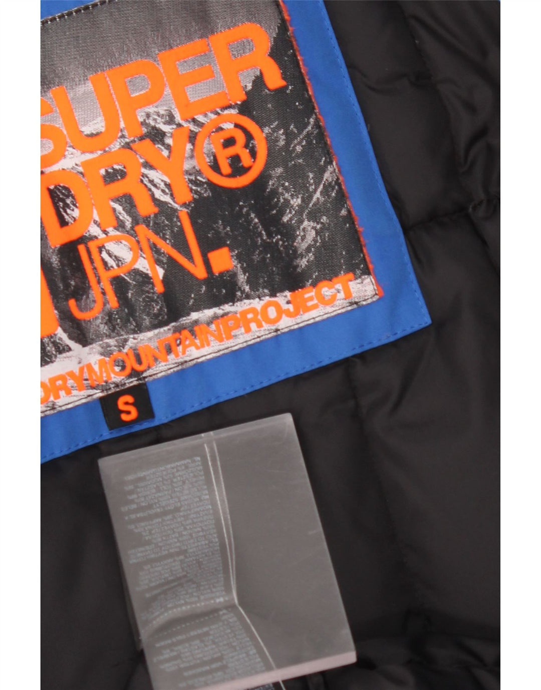 SUPERDRY Wattierter Herrenmantel mit grafischer Kapuze, UK 36, Größe S, blaues Nylon