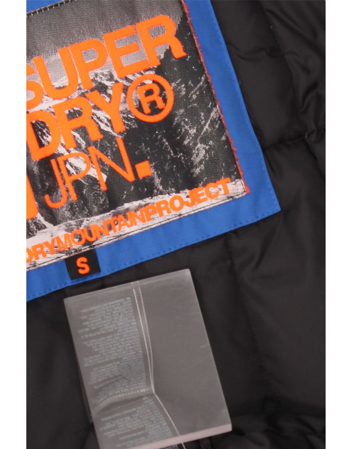 SUPERDRY Wattierter Herrenmantel mit grafischer Kapuze, UK 36, Größe S, blaues Nylon