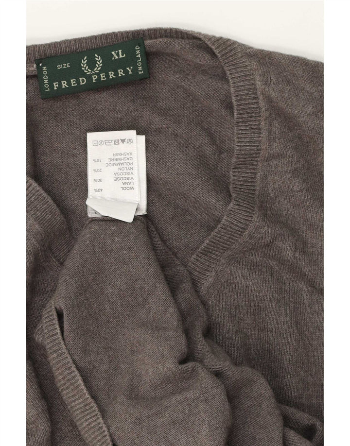 Fred Perry Herren-Pullover mit V-Ausschnitt, XL, graue Wolle