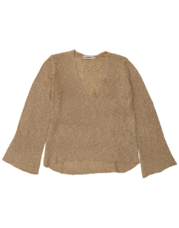 ZARA Damen-Pullover mit V-Ausschnitt, Gr. 10, Größe S, Beige, Acryl