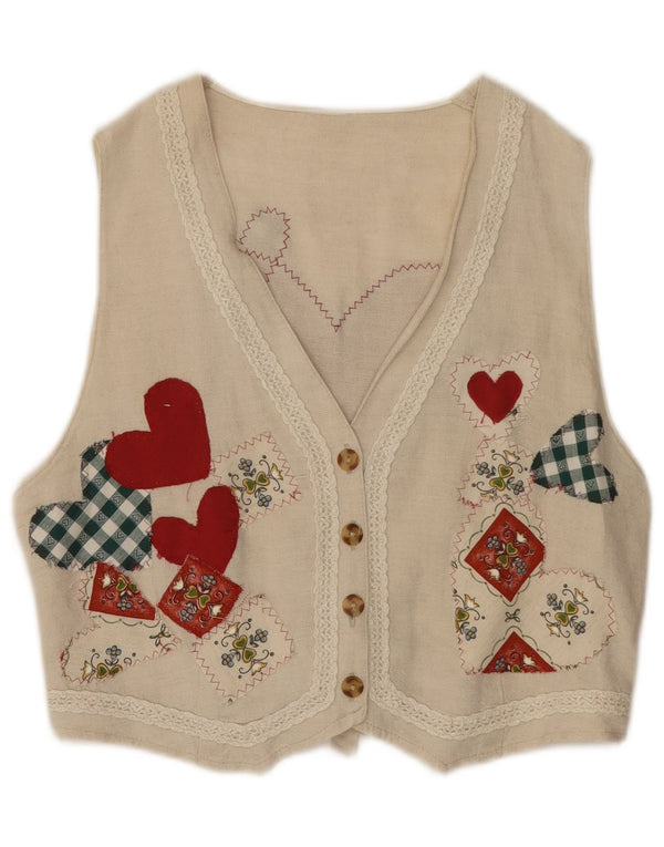 Vintage Damen Weste UK 14 Medium Beige Floral Cotton Heart
