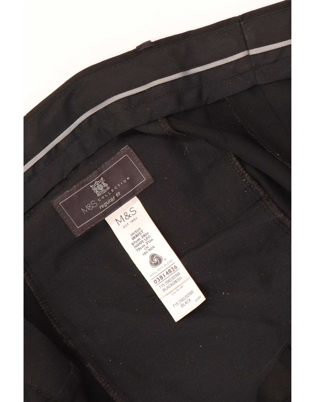 Marks & Spencer Herren-Anzughose in normaler Passform, W38, L31, schwarze Wolle