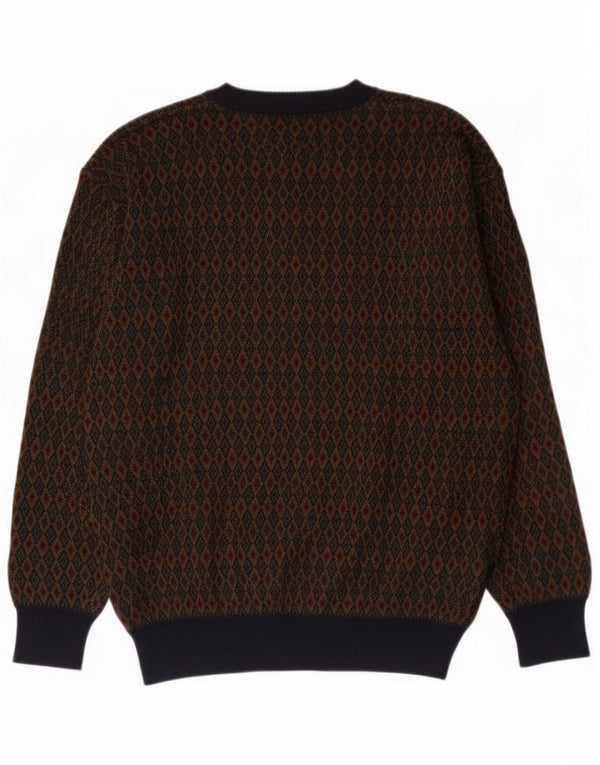 Gran Sasso Mens V-Neck Jumper Sweater Large Brown Geometric Virgin Wool
