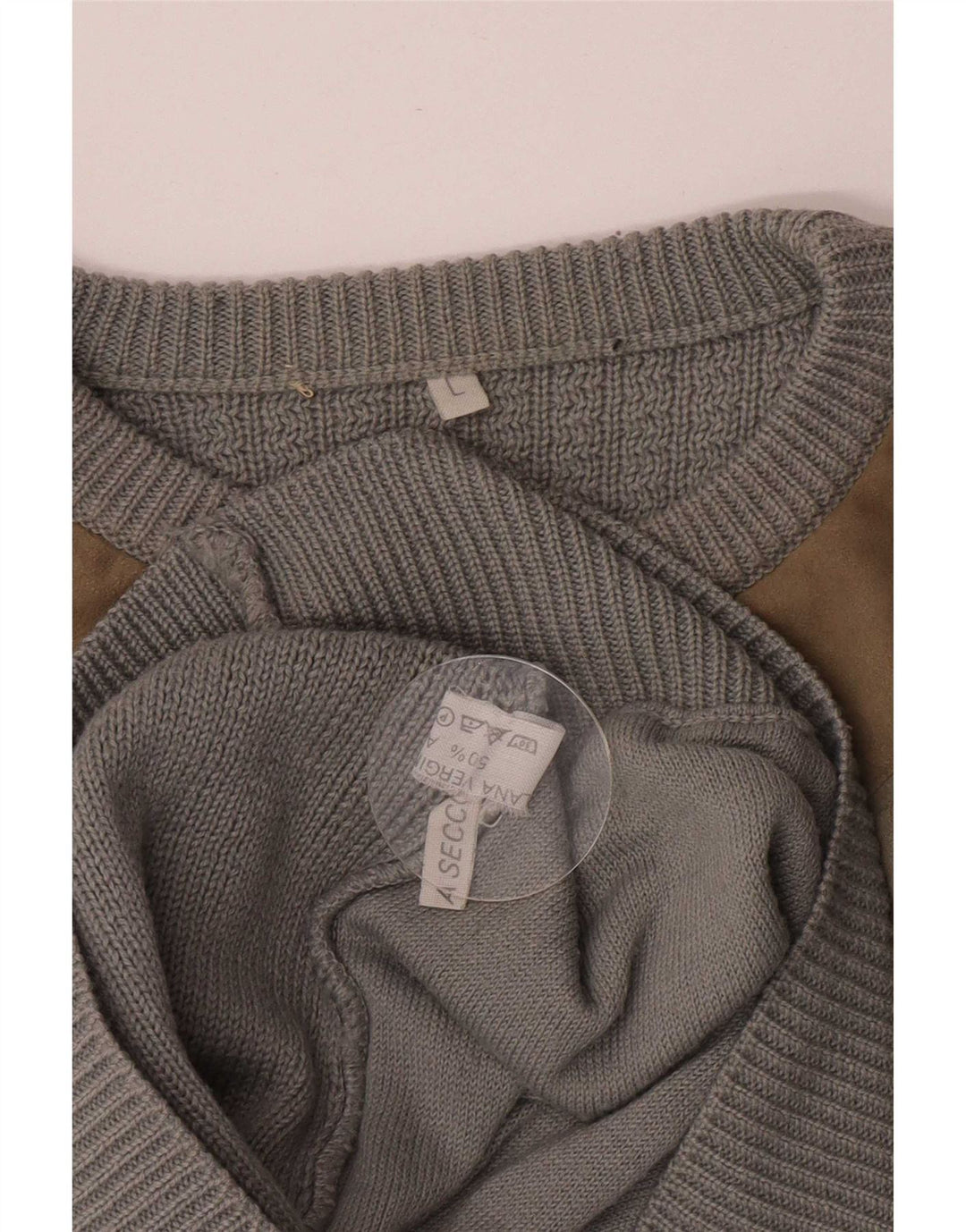 Vintage Herren-Pullover mit Rundhalsausschnitt, große graue Colourblock-Wolle