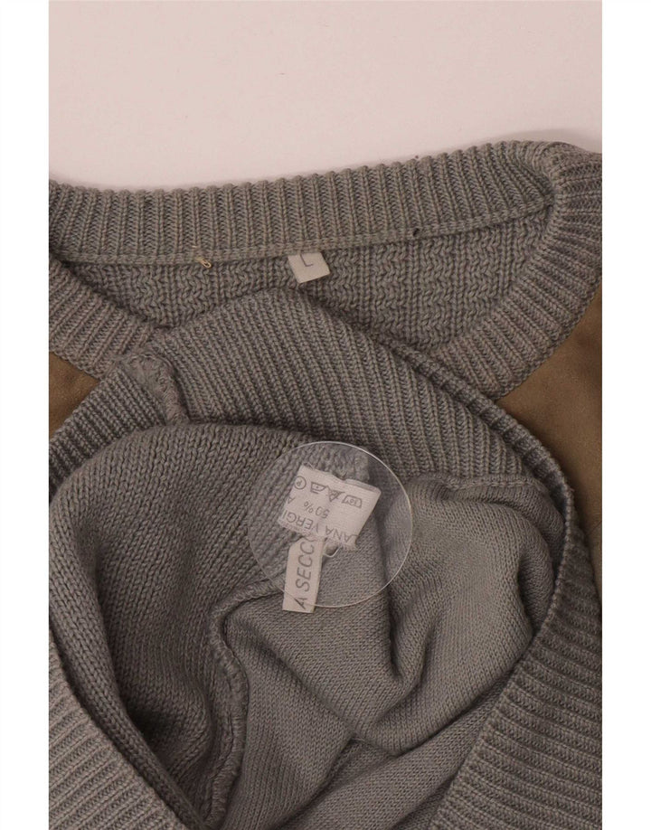 Vintage Herren-Pullover mit Rundhalsausschnitt, große graue Colourblock-Wolle