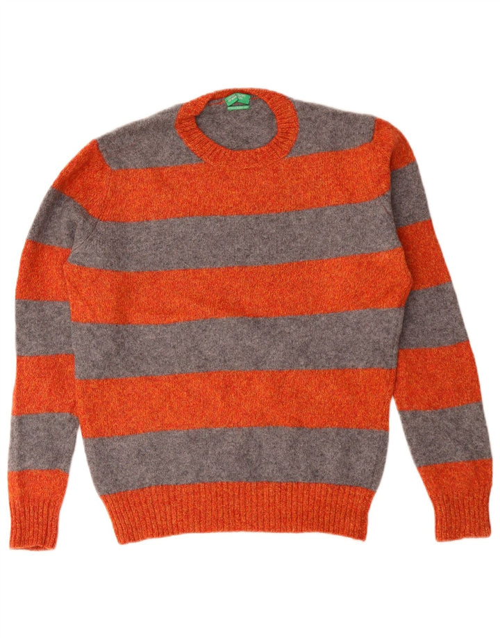 BENETTON Herren-Pullover mit Rundhalsausschnitt, klein, orange gestreifte Schurwolle