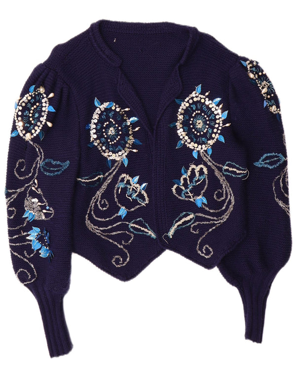 Vintage Damen Bolero Pullover UK 14 Medium Marineblau Blumen