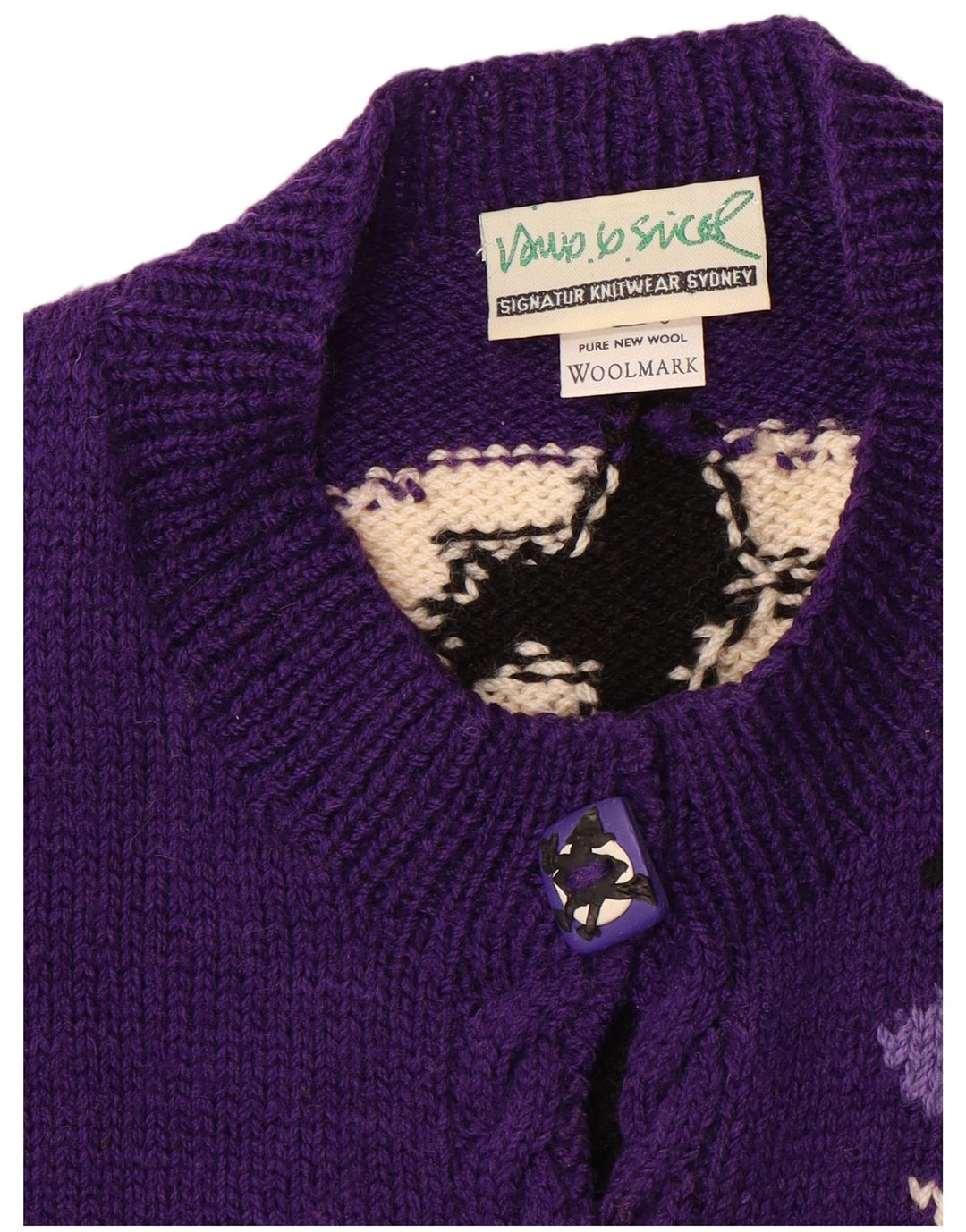 VINTAGE Grafischer Damen-Cardigan-Pullover UK 20 2XL Lila Colourblock-Wolle