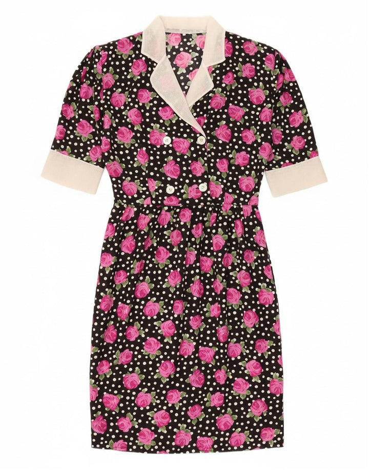 Vintage Damen Figurbetontes Kleid IT 46 Großes schwarzes Blumenmuster aus Polyester