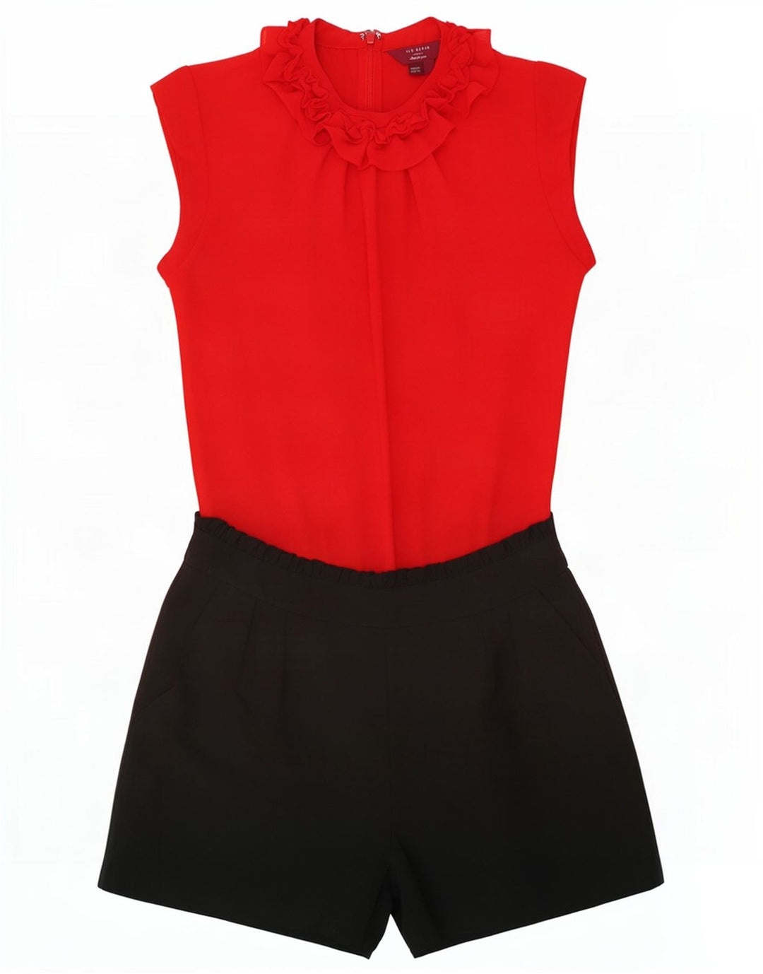 Ted Baker Damen-Spielanzug mit Rüschen vorne, Größe 0 2XS, rotes Farbblock-Polyester