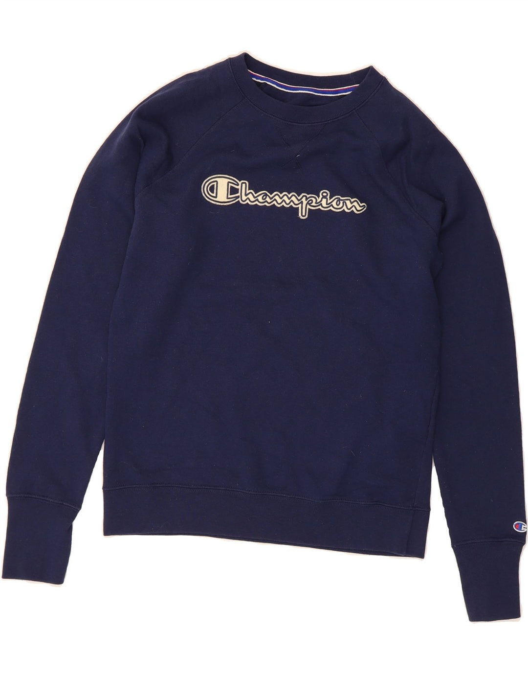 CHAMPION Womens Graphic Sweatshirt Jumper UK 14 Medium Navy Blue Polyester Vintage Champion and Second-Hand Champion from Messina Hembry 