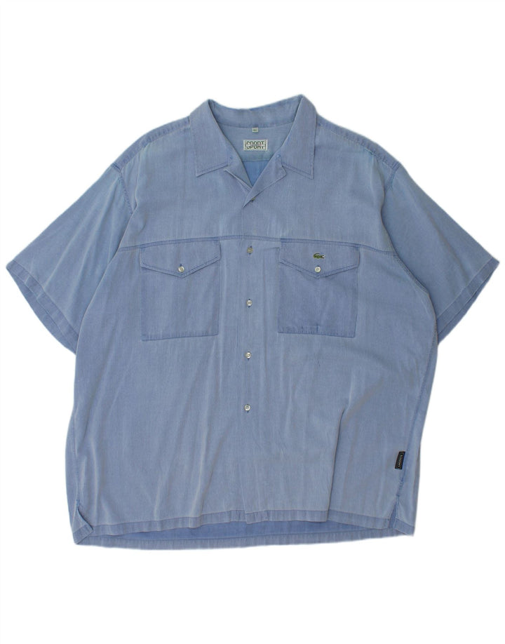 LACOSTE Herren-Kurzarmhemd, Größe 45, XL, blaue Nadelstreifen-Baumwolle