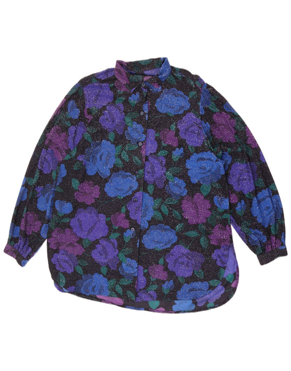 Vintage Damen Übergroße Hemdbluse UK 16 Großes blaues Blumenmuster