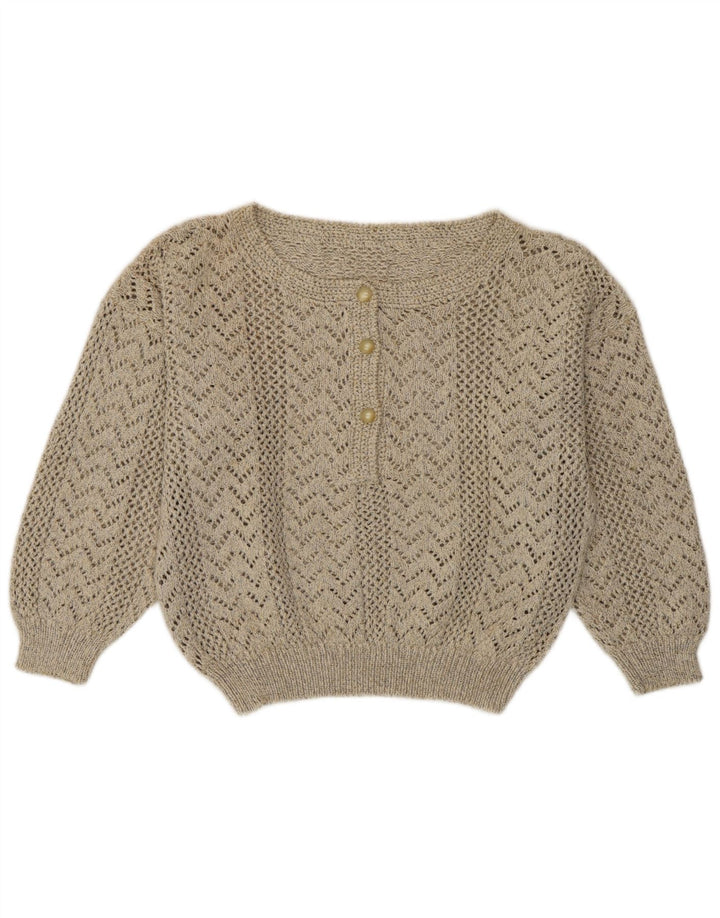 Vintage Womens Crop Boat Neck Jumper Sweater UK 12 Medium Grey