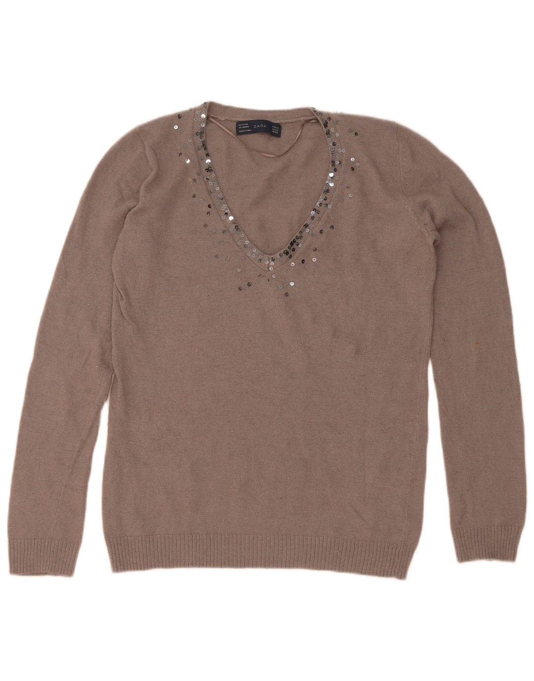 Zara Damen Pullover mit V-Ausschnitt, UK 14, Mittelbraun