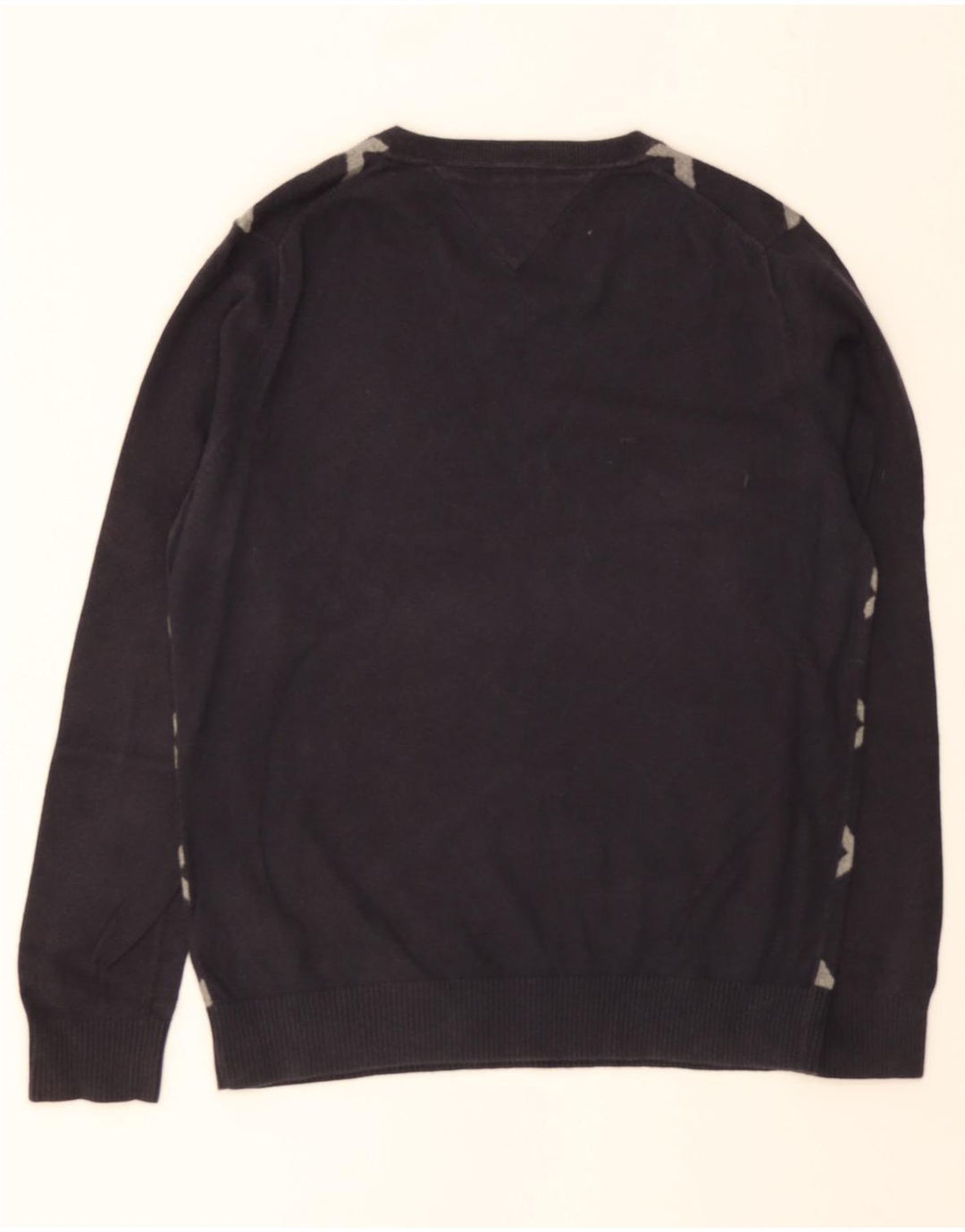TOMMY HILFIGER Mens V-Neck Jumper Sweater Medium Navy Blue Argyle/Diamond Vintage Tommy Hilfiger and Second-Hand Tommy Hilfiger from Messina Hembry 