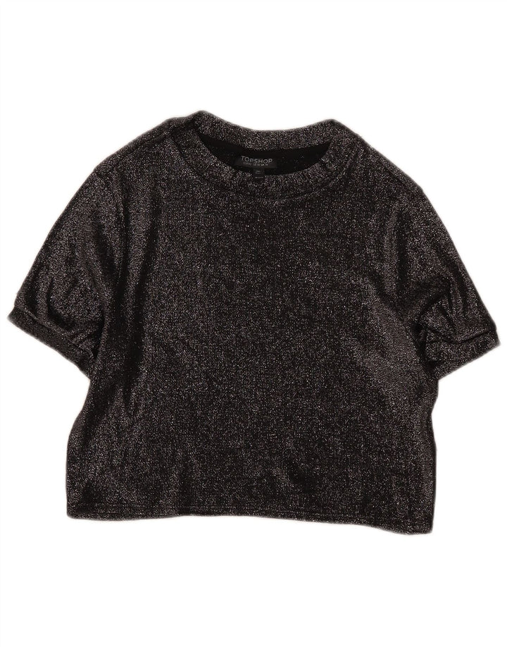 Topshop Damen Crop Bluse Top UK 14 Große schwarze Viskose