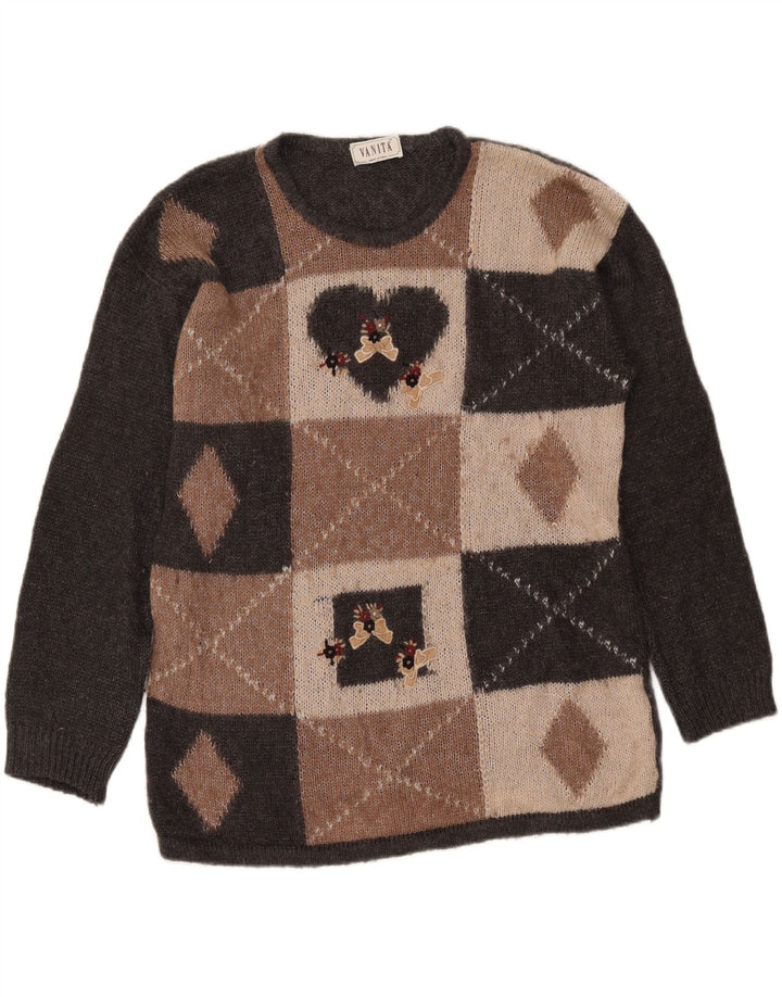 VINTAGE Damen-Pullover mit U-Boot-Ausschnitt, Gr. 16, groß, grau, geometrisch