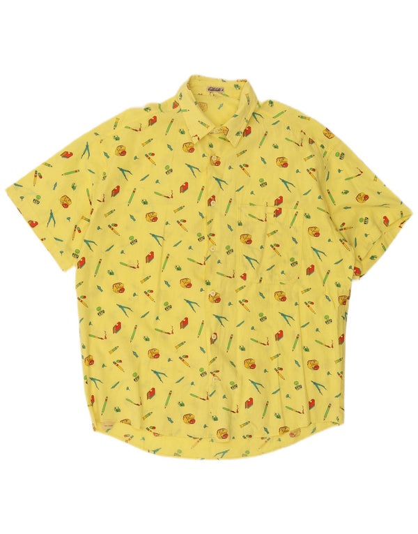 VINTAGE Mens Abstract Pattern Short Sleeve Shirt XL Yellow Cotton