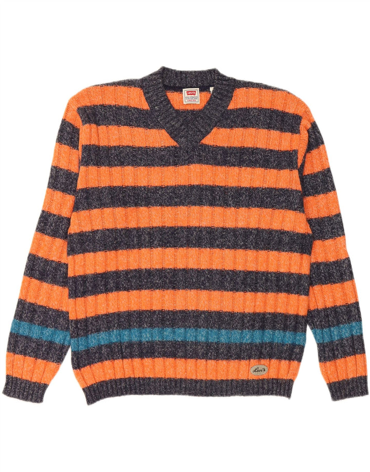 Levi's Herren-Pullover mit V-Ausschnitt, klein, orange gestreift, Alpakawolle