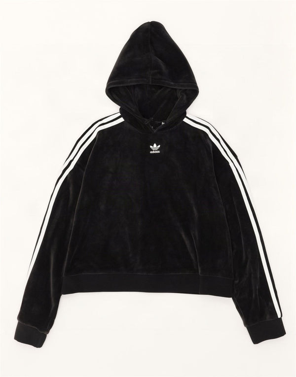 Adidas Damen Crop Velvet Oversized Hoodie Pullover UK 10 Small Schwarz Baumwolle