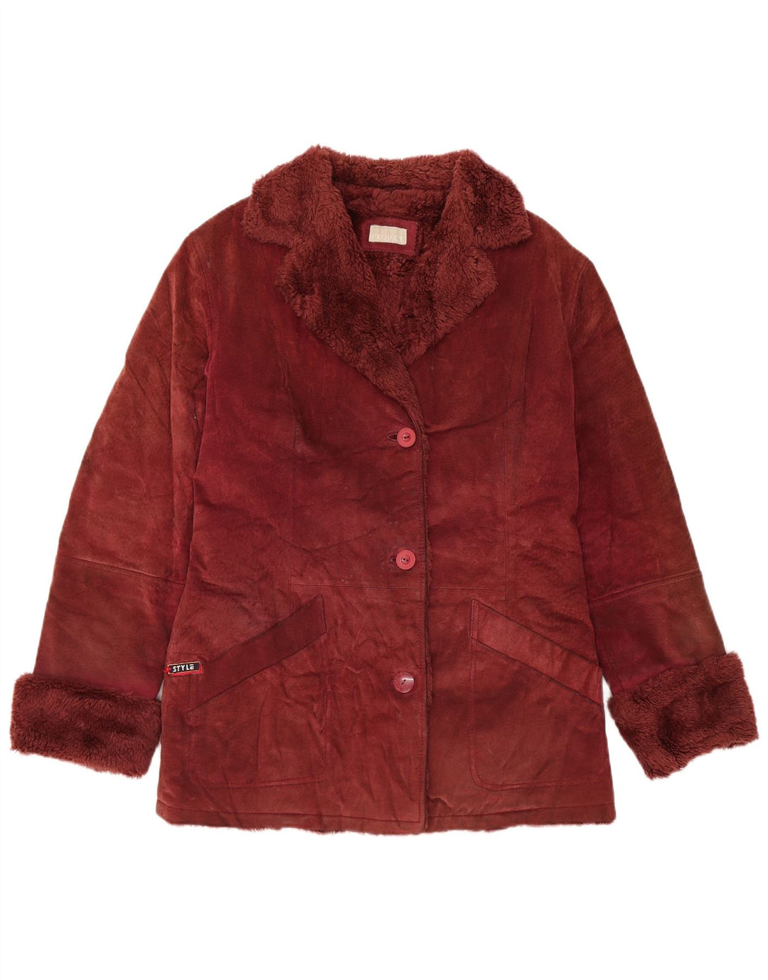 VINTAGE Damen Sherpa Wildlederjacke UK 14 Medium Burgunder Leder