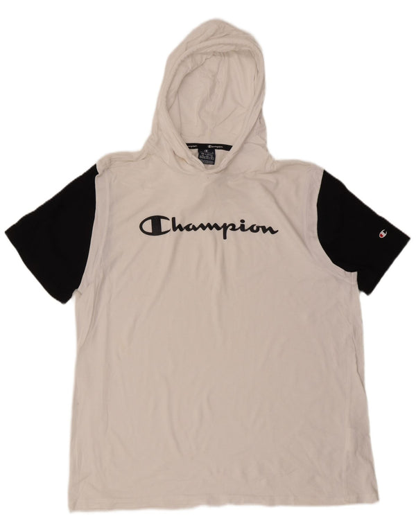 Champion Herren-T-Shirt mit Kapuze und Grafik, 2XL, weiße Blockfarben-Baumwolle