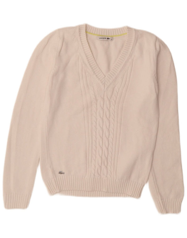 Lacoste Damen-Pullover mit V-Ausschnitt, Größe 36, kleine weiße Baumwolle
