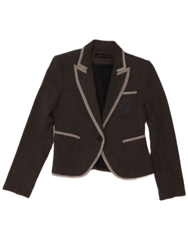 Zara Damen Crop 1 Button Blazer Jacke UK 10 Small Grau Polyester