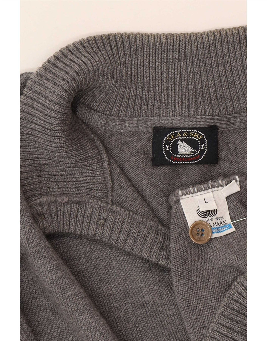Sea & Sky Herren-Pullover mit Knopfkragen, groß, aus grauer Wolle