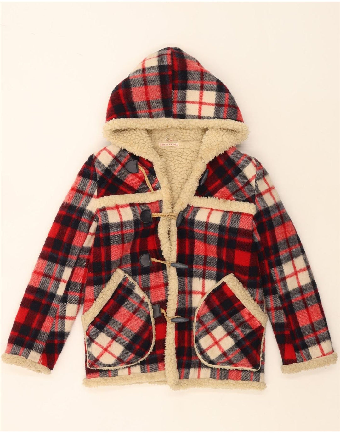 SIMONE Sherpa-Duffle-Jacke mit Kapuze für Mädchen, 9–10 Jahre, rot kariert