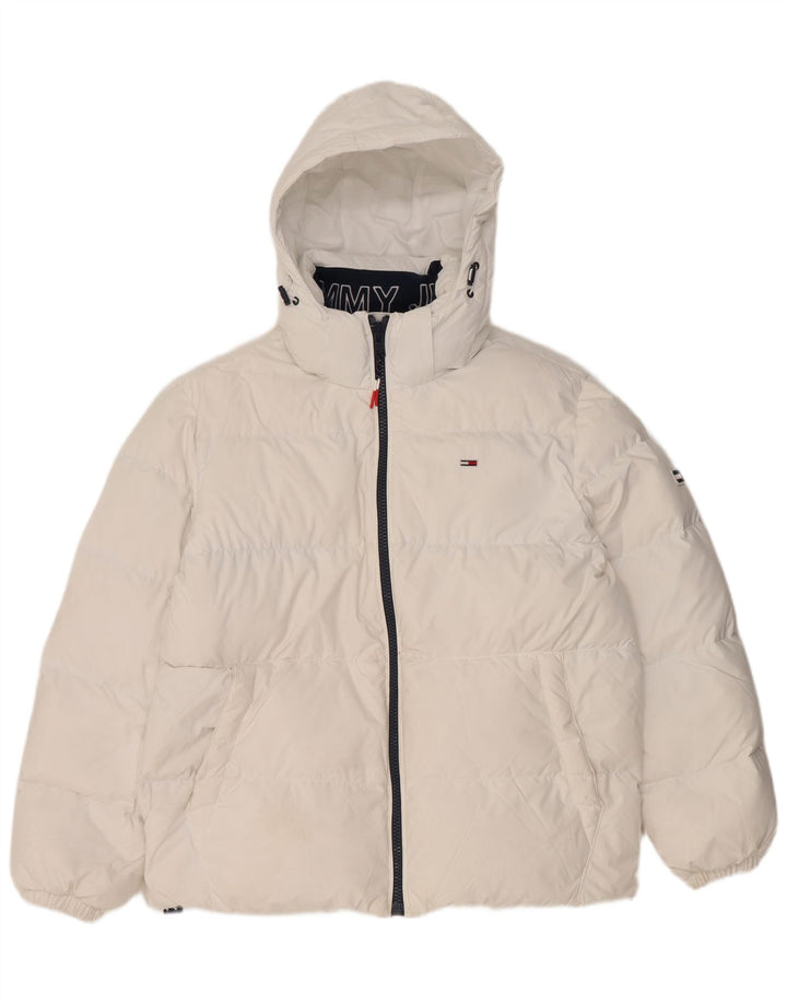 Tommy Hilfiger Herren-Jacke mit Kapuze, gepolstert, UK 38, Mittelweiß, Polyester
