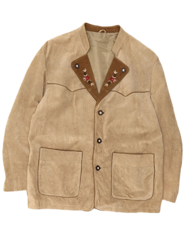 Vintage Herren Trachten 3 Knopf Wildleder Blazer Jacke EU 54 2XL Beige Floral