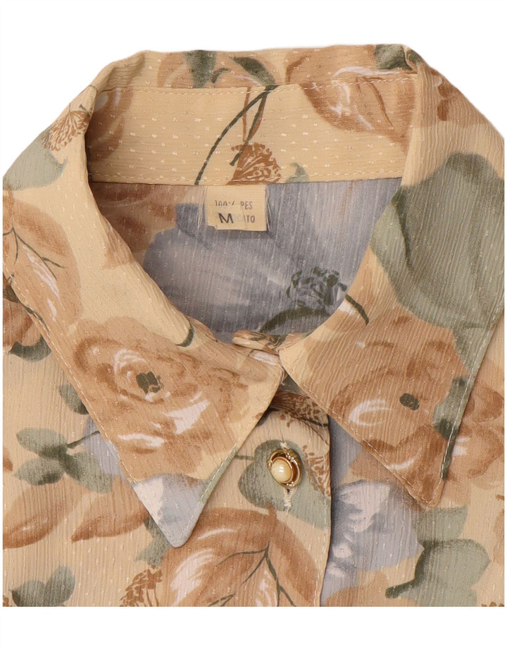 VINTAGE Damen Hemdbluse UK 14 Mittelbraun geblümtes Polyester