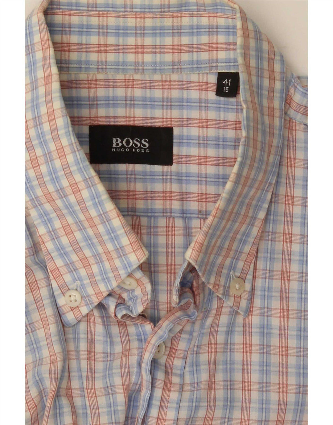 Hugo Boss Herren-Kurzarmhemd, Größe 41 16, großes blaues Karomuster