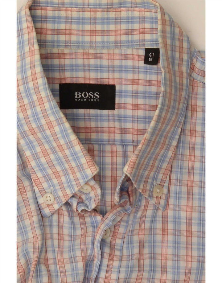 Hugo Boss Herren-Kurzarmhemd, Größe 41 16, großes blaues Karomuster