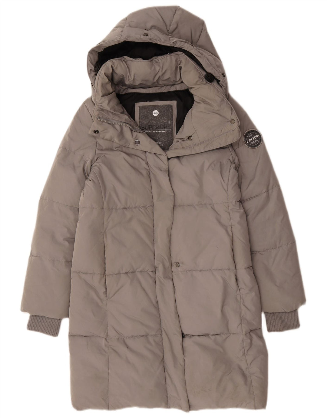 Superdry Damen Übergroßer, grafischer, wattierter Mantel mit Kapuze, UK 10, Größe S, Grau