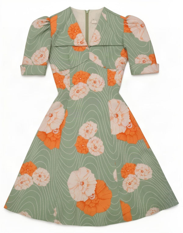 Vintage Damen A-Linie Kleid UK 4 XS Grün geblümtes Polyamid
