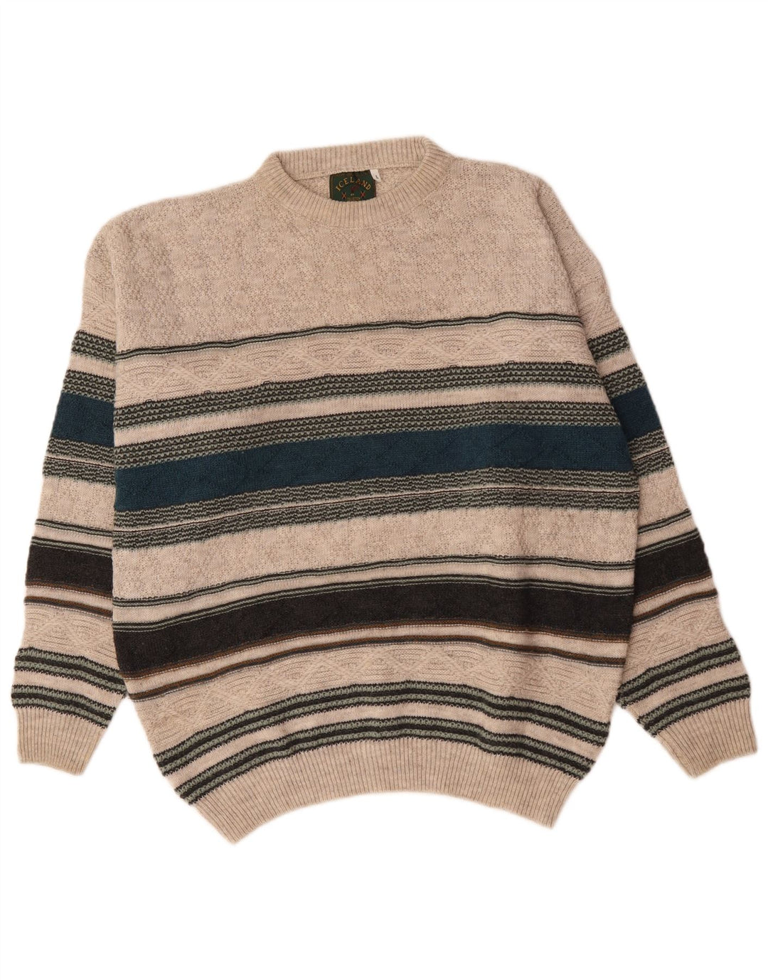 Island Herren-Pullover mit Rundhalsausschnitt, große beige gestreifte Wolle