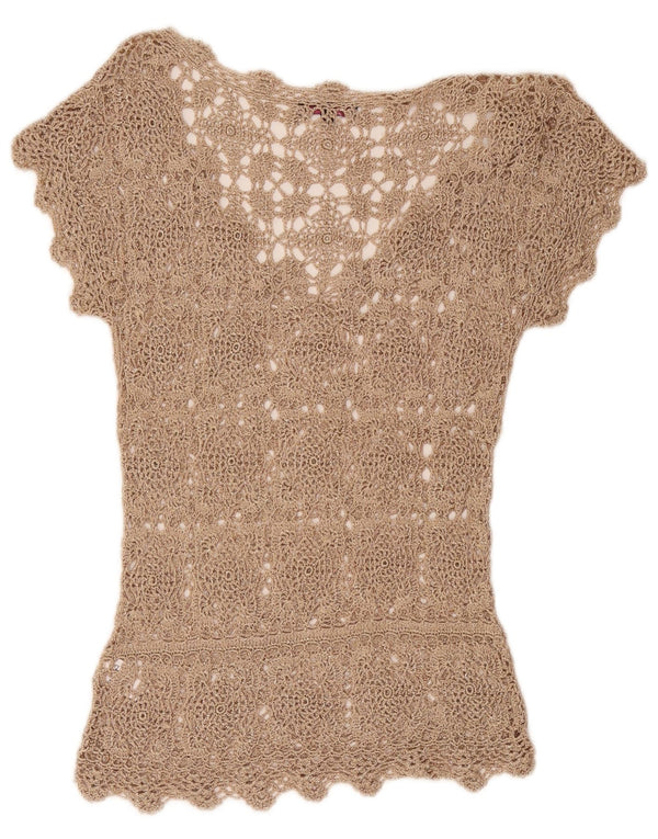 Vintage Damen Häkelbluse Top UK 12 Medium Beige Floral Viskose