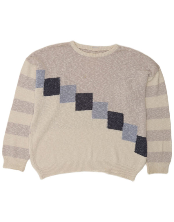 Vintage Mens Crew Neck Jumper Sweater XL Beige Geometric Cotton